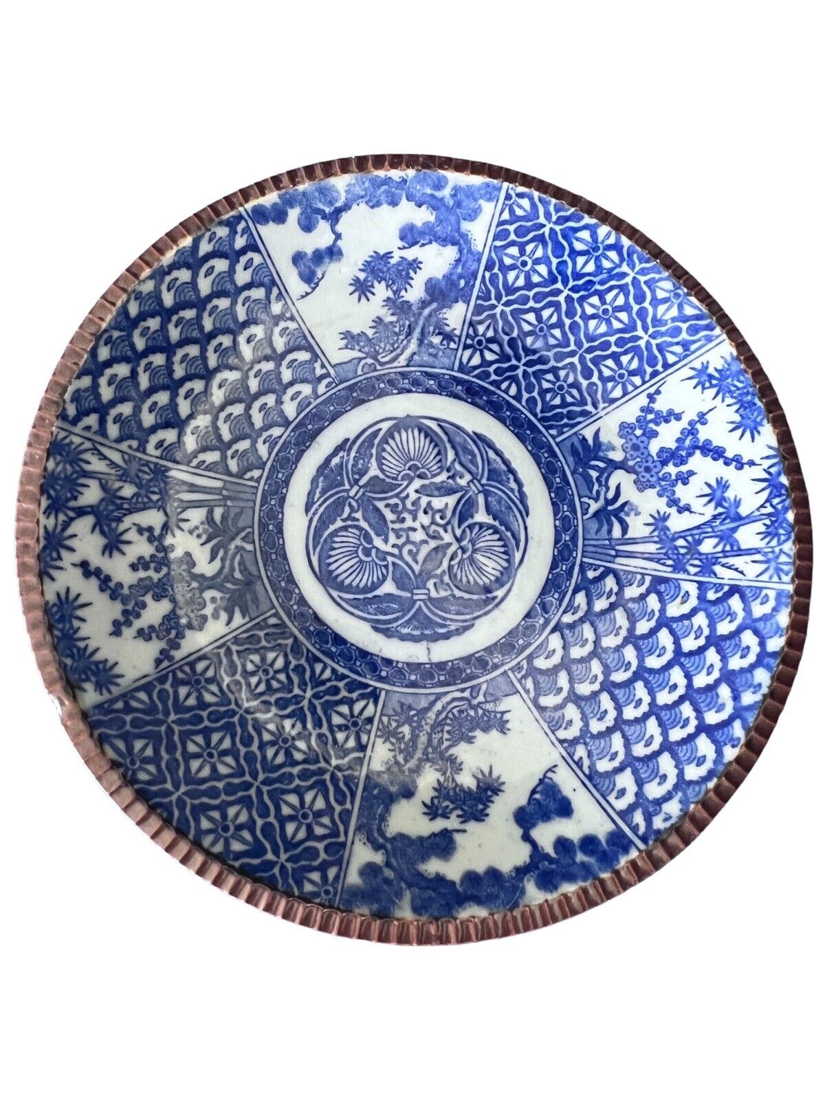 19c Plate Antique Meiji Japanese Igezara Blue White Brown Pie Crust Edge 12”