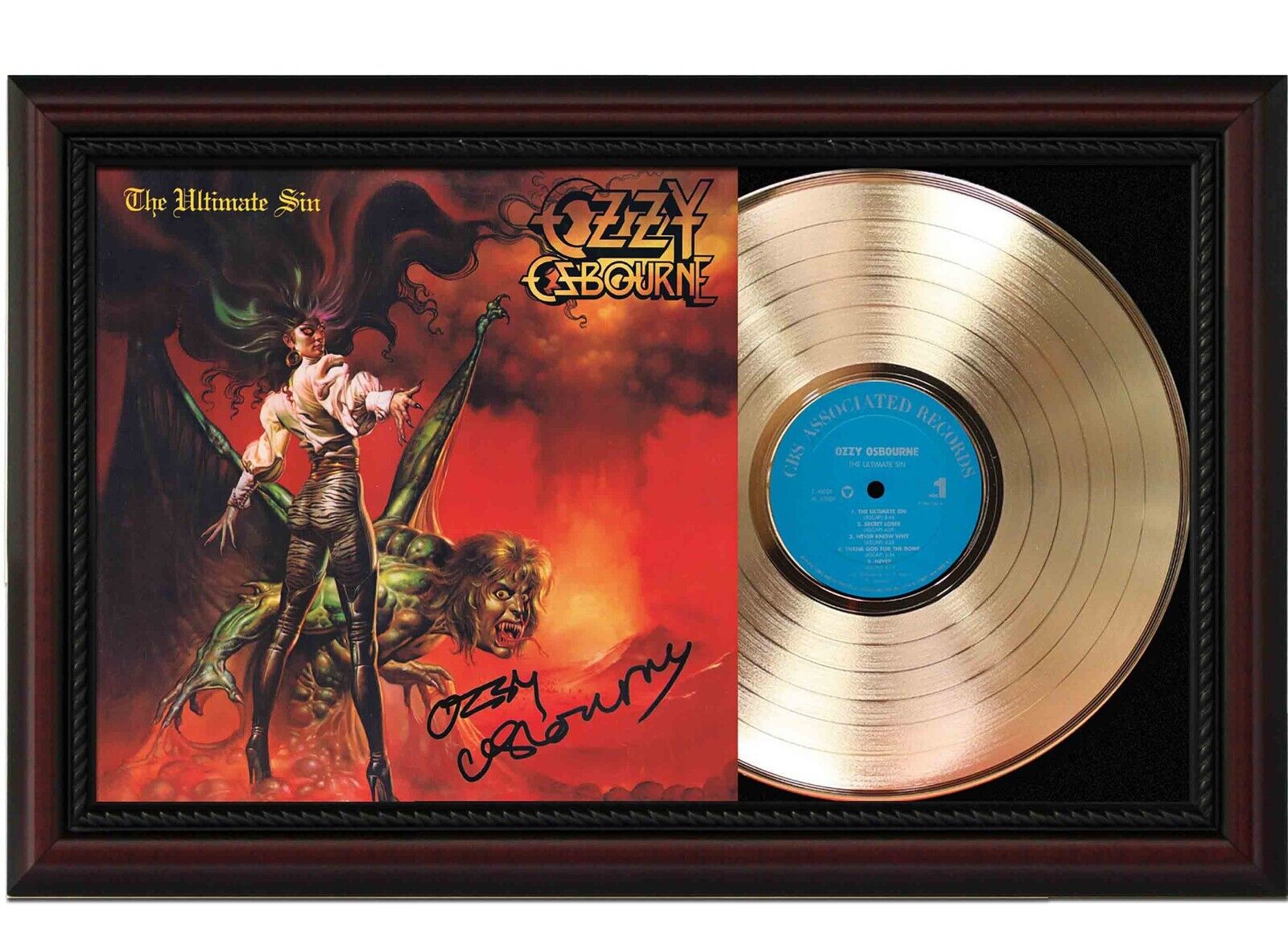Ozzy Osbourne  Framed Cherry Wood Reproduction Signature Lp Record Display.